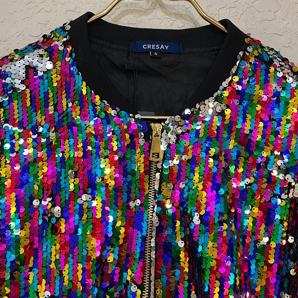 Cresay Multicolor & Silver Sequin Ribbed Trim Zip Front Bomber Jacket NWT - Picture 4 of 9